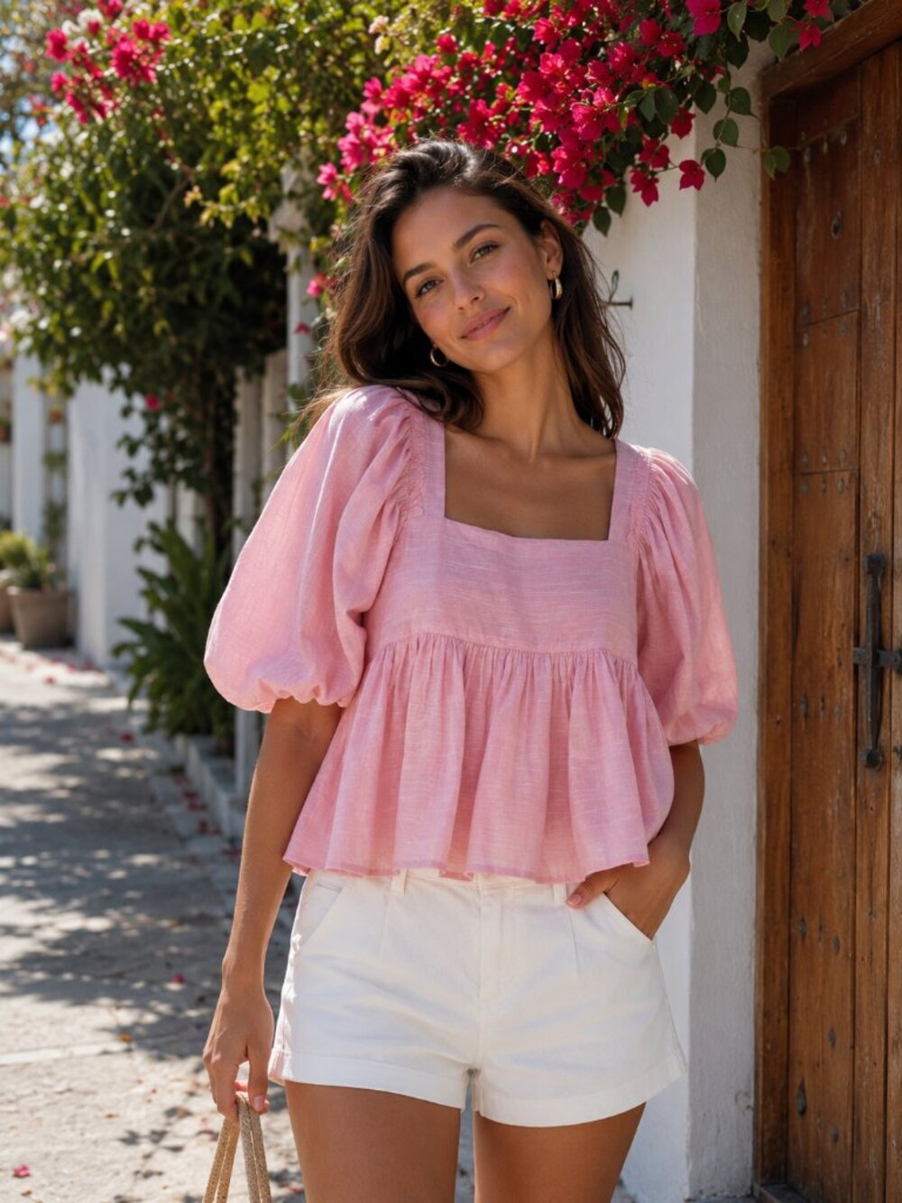 Moon River Pink Short Puff Sleeve Peplum Summer Blouse Top Size Small NWT